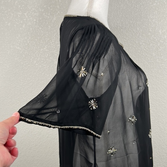 Carmen Marc Valvo Goth Black Sheer Gold & Silver Beaded V-Neck Top Size XS - Picture 3 of 5